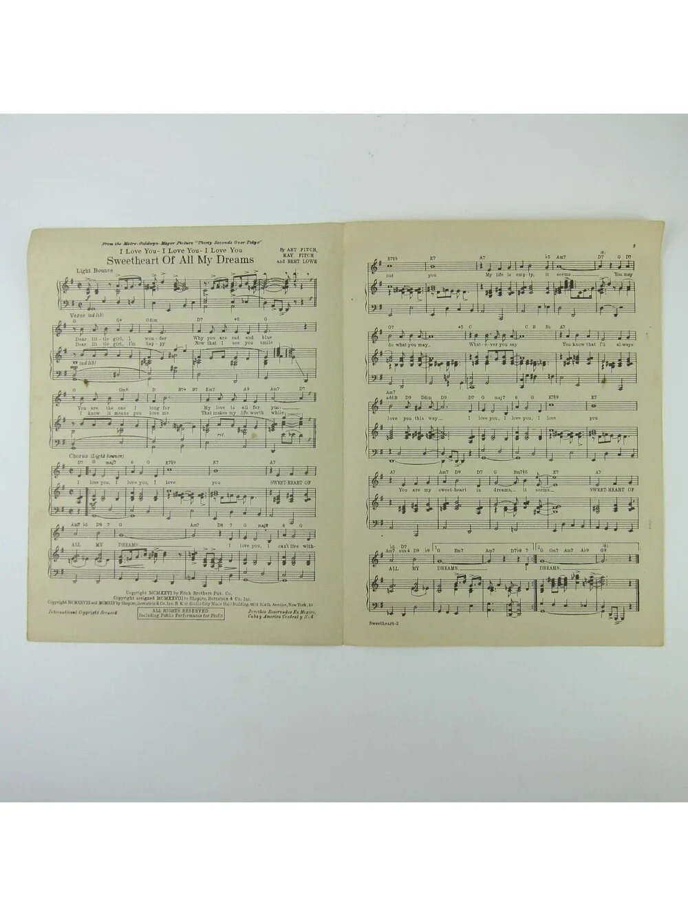 Sheet Music Sweetheart Of All My Dreams Spencer Tracy Thirty Seconds Over Tokyo